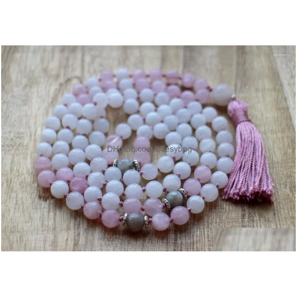 pendant necklaces 108 mala bead whitejade rosequartz necklace spiritual jewelry tassel pink hand knotted yoga prayer