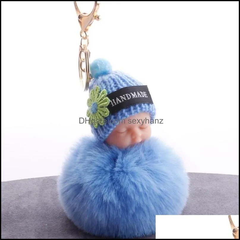 fashion key chains creative flower sleeping baby doll keychain fluffy fur pompom keyrings for women girls gift
