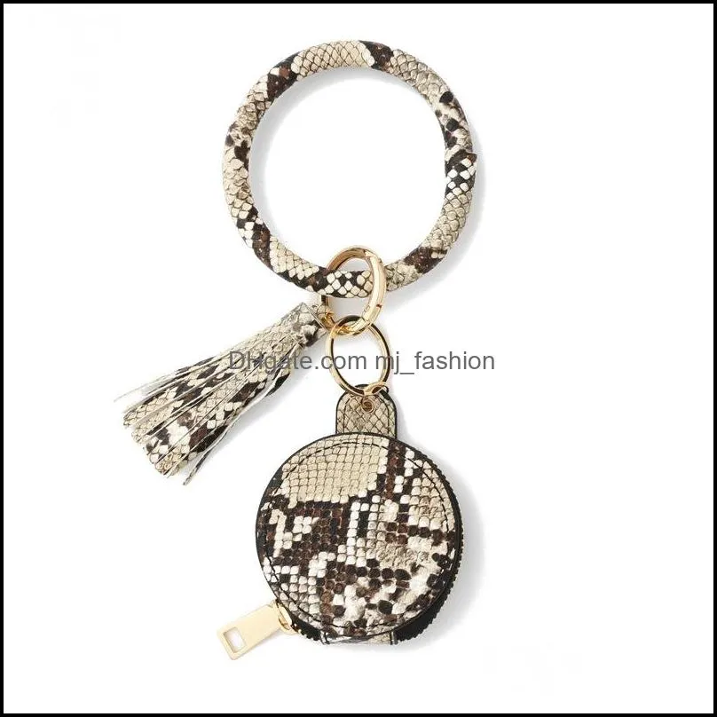 women leopard earbuds keychain bracelet leather wristlet circle key ring bangle tassel coin purse with makeup mirror q44fz