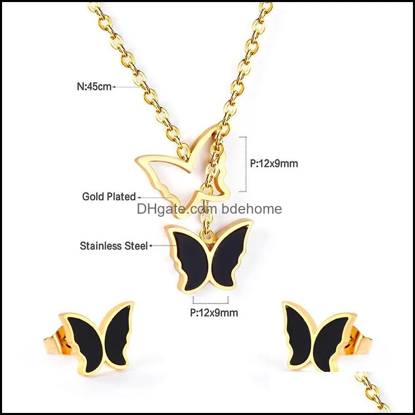 fashion butterfly necklace cute style pendant necklaces earrings sets stainless steel chains jewelry set rose gold color