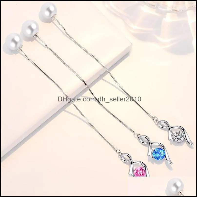 925 sterling silver woman fashion jewelry heart ear line high quality crystal zircon pearl long tassel retro earring 1187 t2