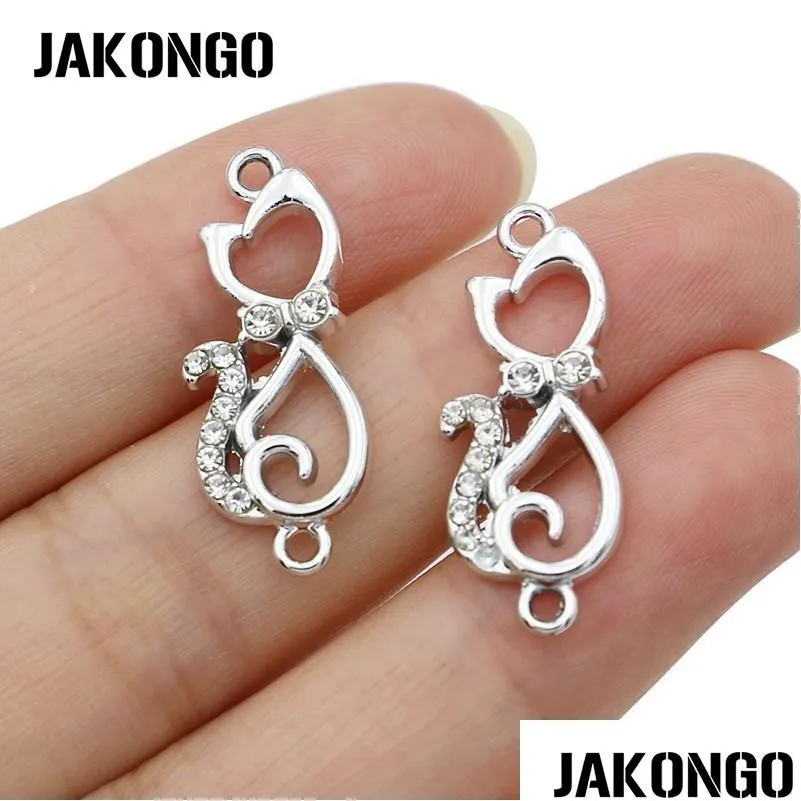 jakongo silver color crystal cat charm connector for jewelry making bracelet accessories findings diy 27x12mm 5pcs/lot