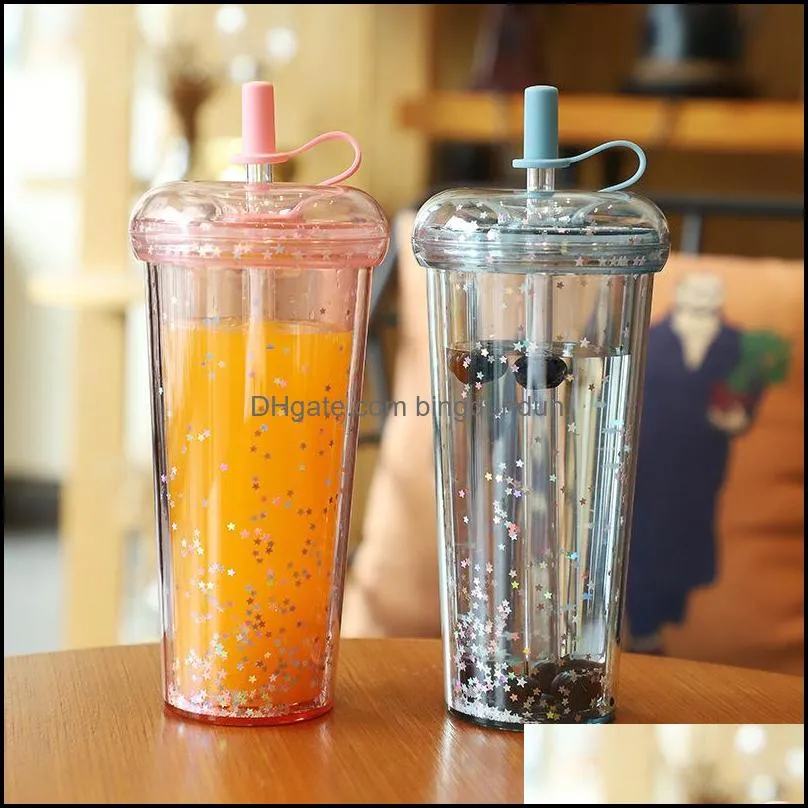 520ml tumbler with straws double layer leakproof milk coffee glitter water bottles by sea rre13563