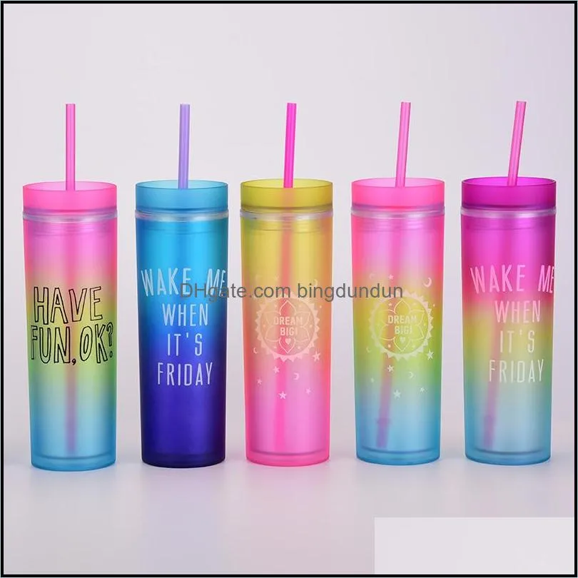 450ml gradient color tumbler with straws summer party drinks cup reusable plastic skinny tumblers rre13326