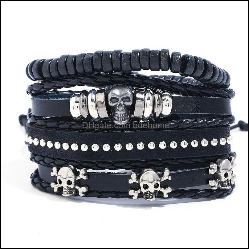 vintage gothic punk skull metal multilayer leather beaded strands bracelet men charm bracelets arm jewelry