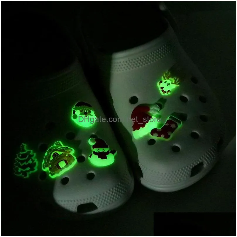 glow in the dark croc jibz charm christmas cartoon pattern 2d pvc luminous shoe accessories decorations fluorescent clog pins shoe buckle fit sandals party