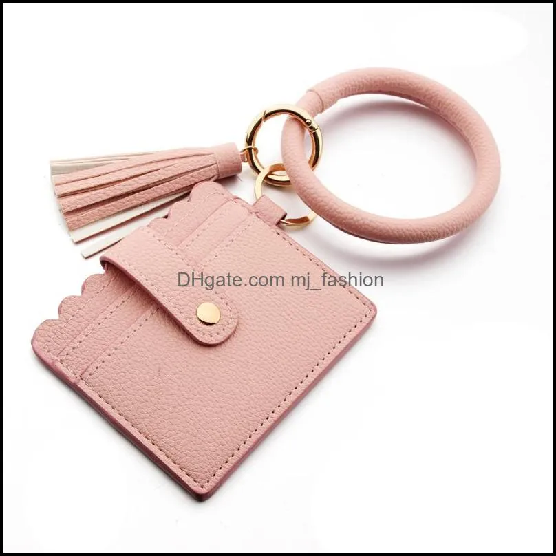 circle wristlet key ring bracelet credit card pocket leather tassel wrist bangle keychain girl fashion pattern keys fob q35fz