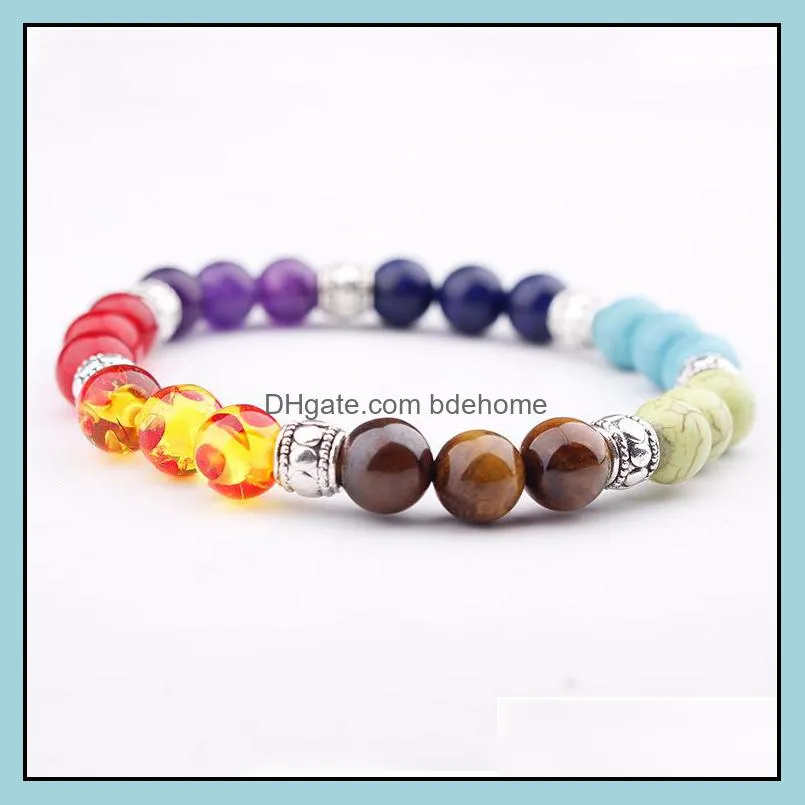 natural stone bracelet crystal healing yoga beads bangle women men jewelry 7 chakra colorful beaded bracelets adjustable g117s