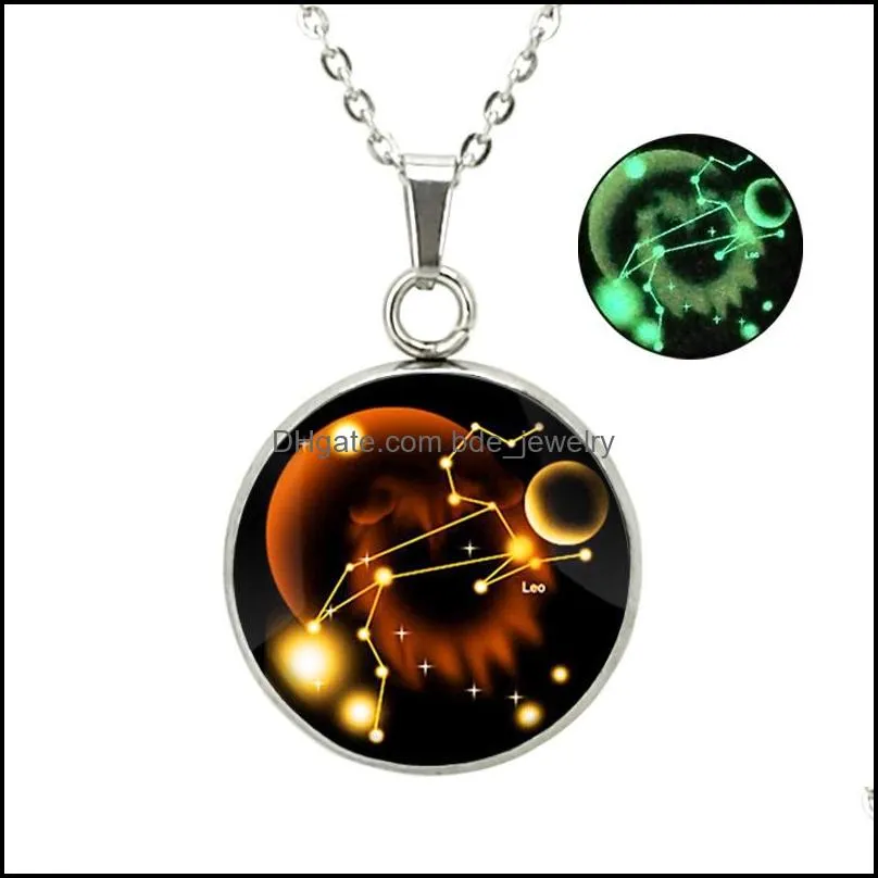 glow in the dark 12 zodiac sign necklaces for women men stainless steel horoscope glass cabochons pendant chains fashion luminous