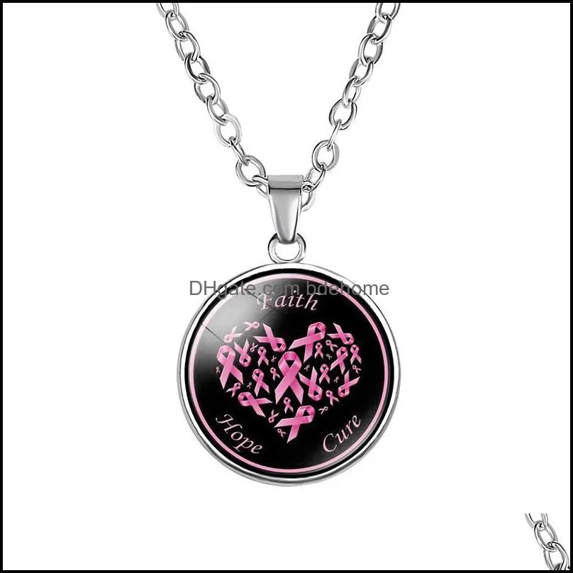 12 styles breast cancer awareness necklaces for women pink ribbon glass pendant faith hope cure believe fashion jewelry gift