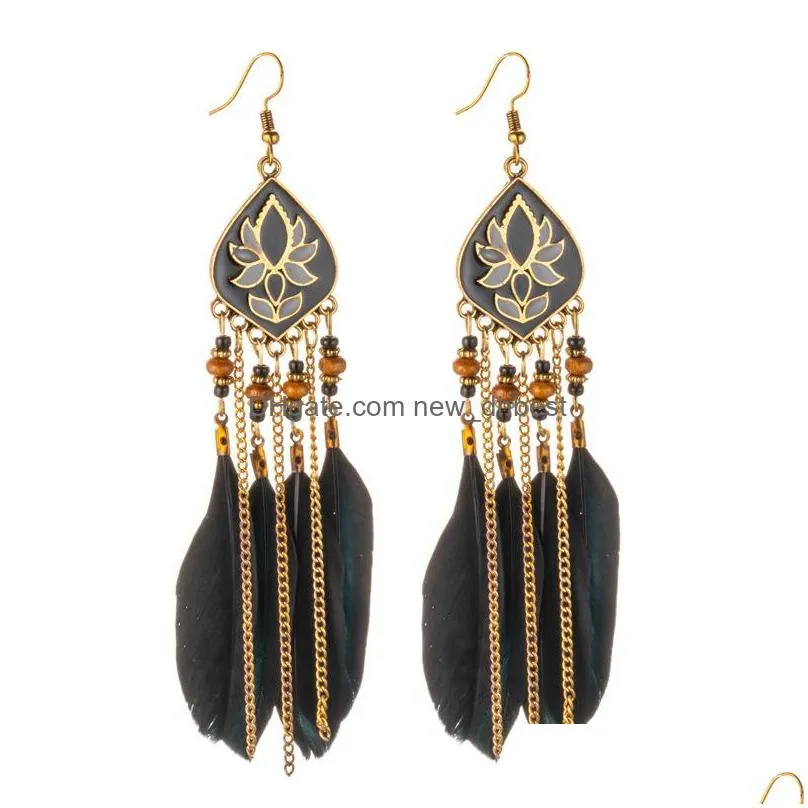 bohemian fashion jewelry vintage feather earrings flower tassels feather dangle earrings