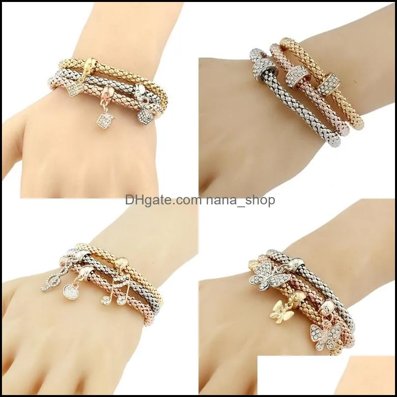  threecolor popcorn bracelet sets stretch bangles crystal rhinestone music note butterfly square spacer charms for women fashion