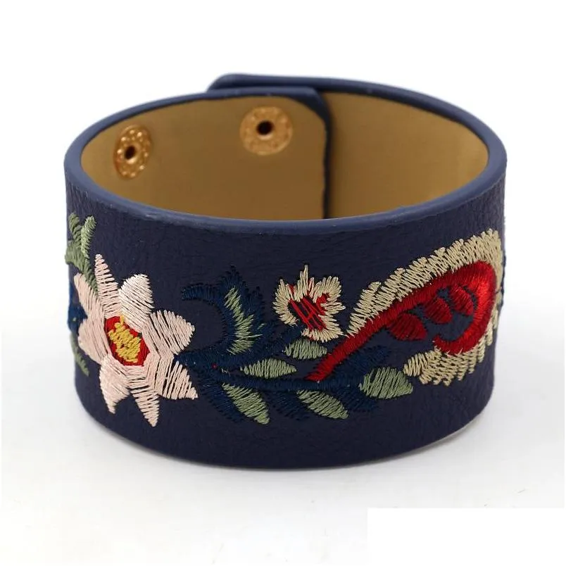 fashion jewelry circle pu leather bracelet vintage flower embroidery buckle adjustable bracelet