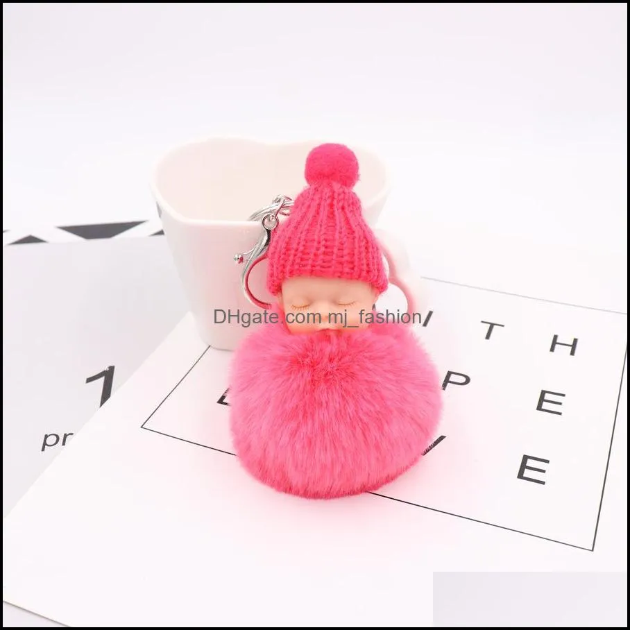 fluffy pompom key rings rabbit fur ball keychains high quality sleeping baby doll keyfobs holder for women pendant keyring