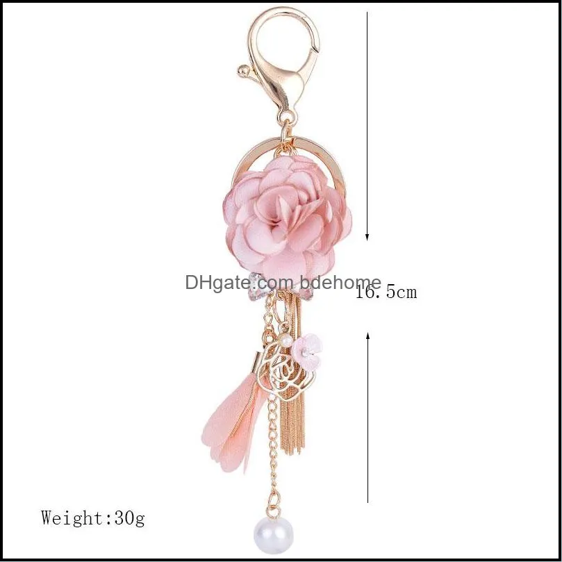 fashion charm pink rose flowers key rings women romantic bag pendant tassel keychain jewelry gifts