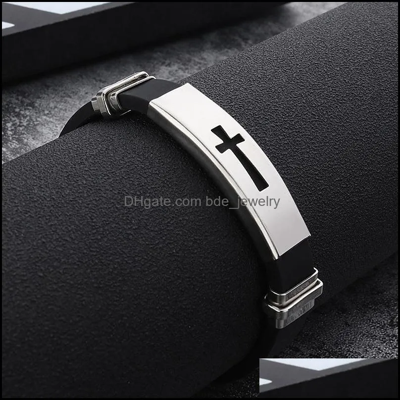 stainless steel cross sign bracelet for mens women black silicone wrap bangle titanium steel 2019 fashion sport jewelry gift