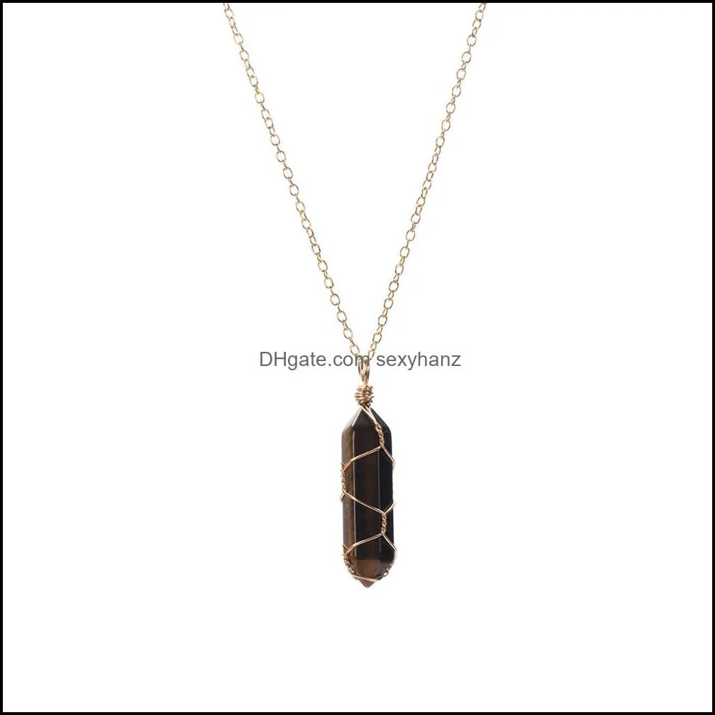 hexagonal cylindrical crystal necklace natural stone pendant wire wrap necklace for women men fashion jewelry