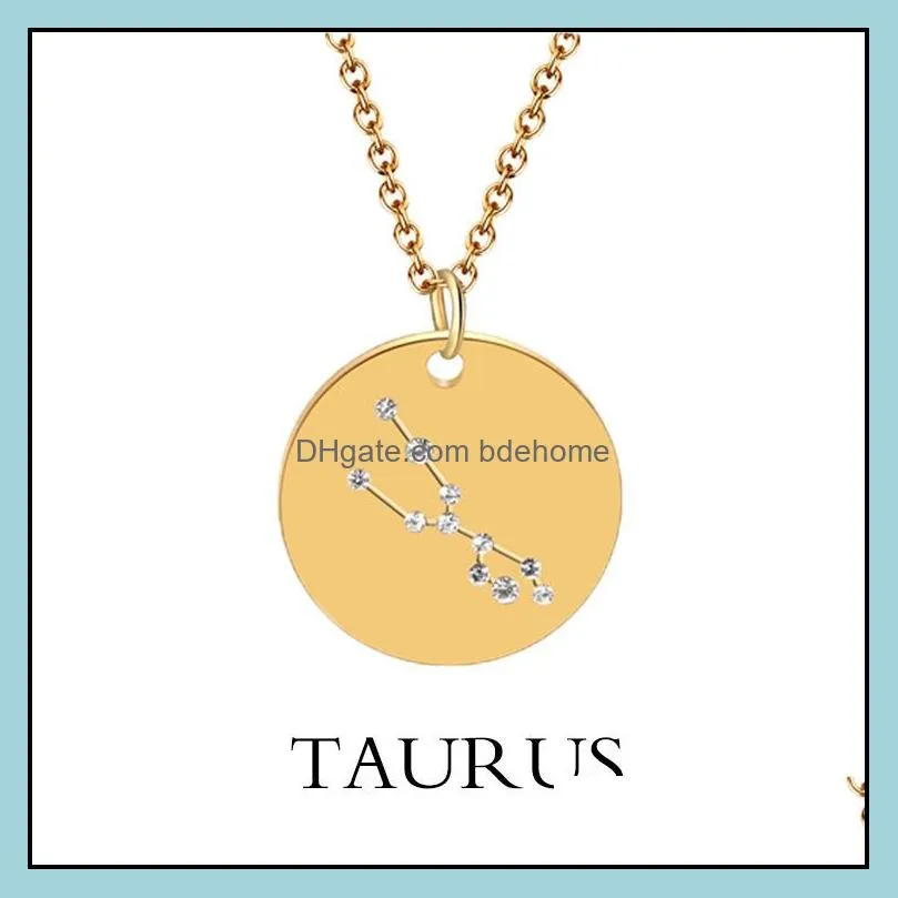  12 zodiac sign necklaces stainless steel coin crystal diamond constellation charm gold silver chain for women fashion jewelry