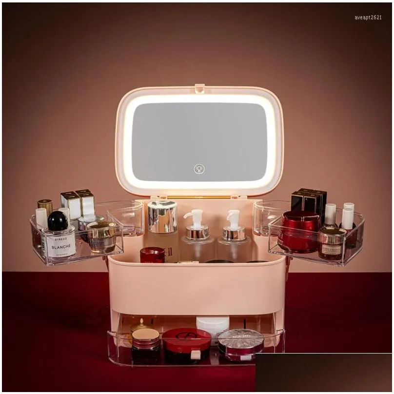 storage boxes cosmetic box with mirror led light desktop makeup organizer case dustproof drawer type for cosmetics