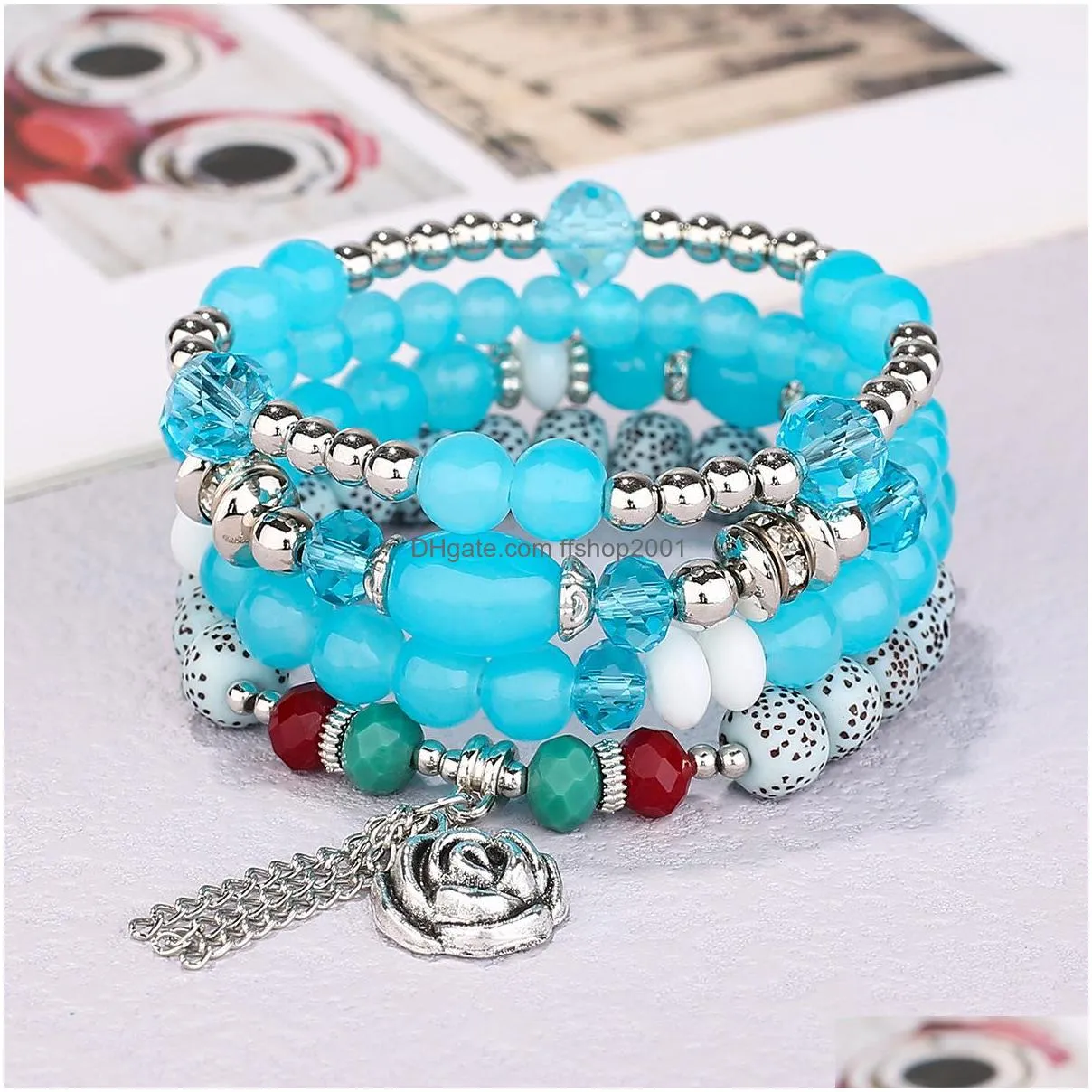 bohemian fashion jewelry colorful strands beaded bracelet handmade multi layer tassels beads rose pendant charms bracelets