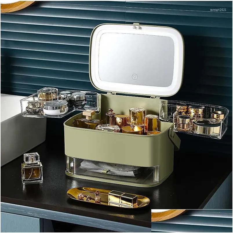 storage boxes cosmetic box with mirror led light desktop makeup organizer case dustproof drawer type for cosmetics
