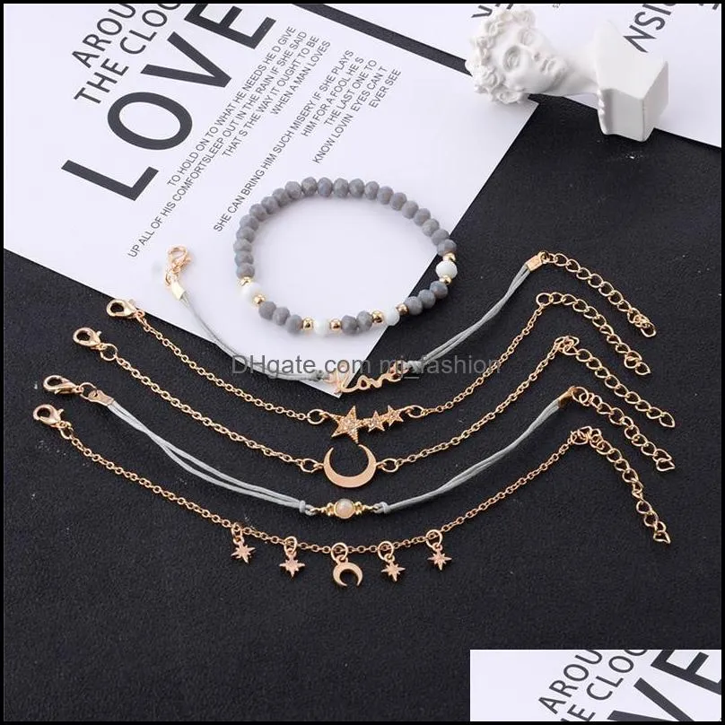 6 pcs / set star moon love crystal pendant gold acrylic bead bracelet for women classic multilayer braided rope chain bracelet set