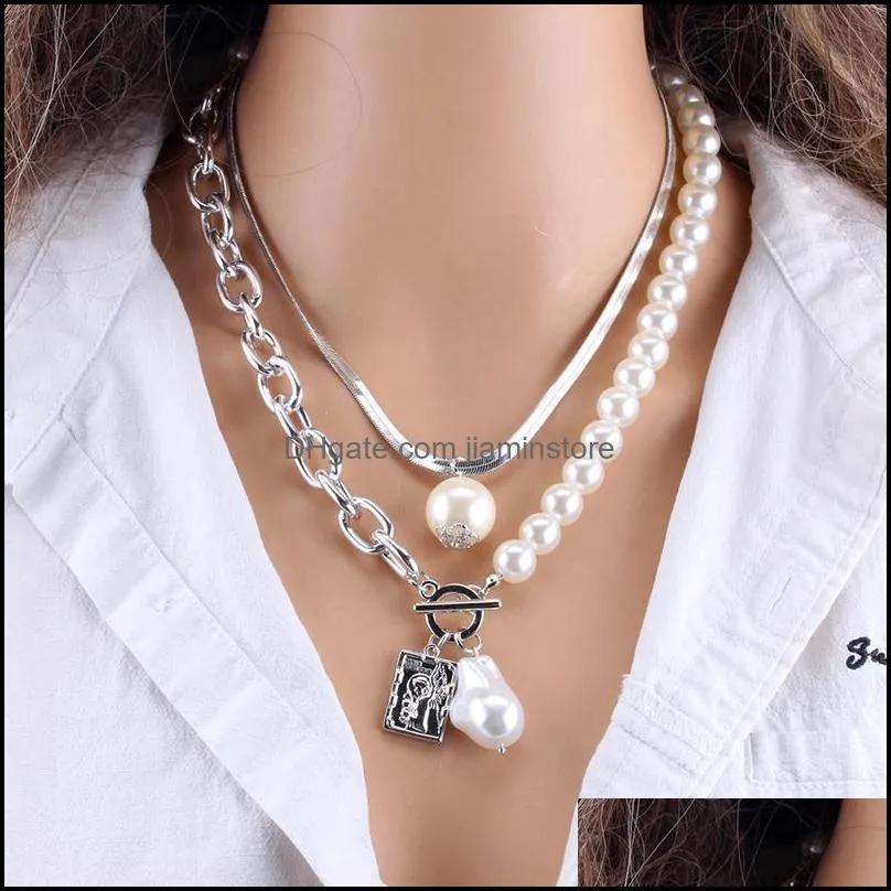 vintage baroque irregular pearl lock chains necklace geometric angel pendant love necklaces for women punk jewelry