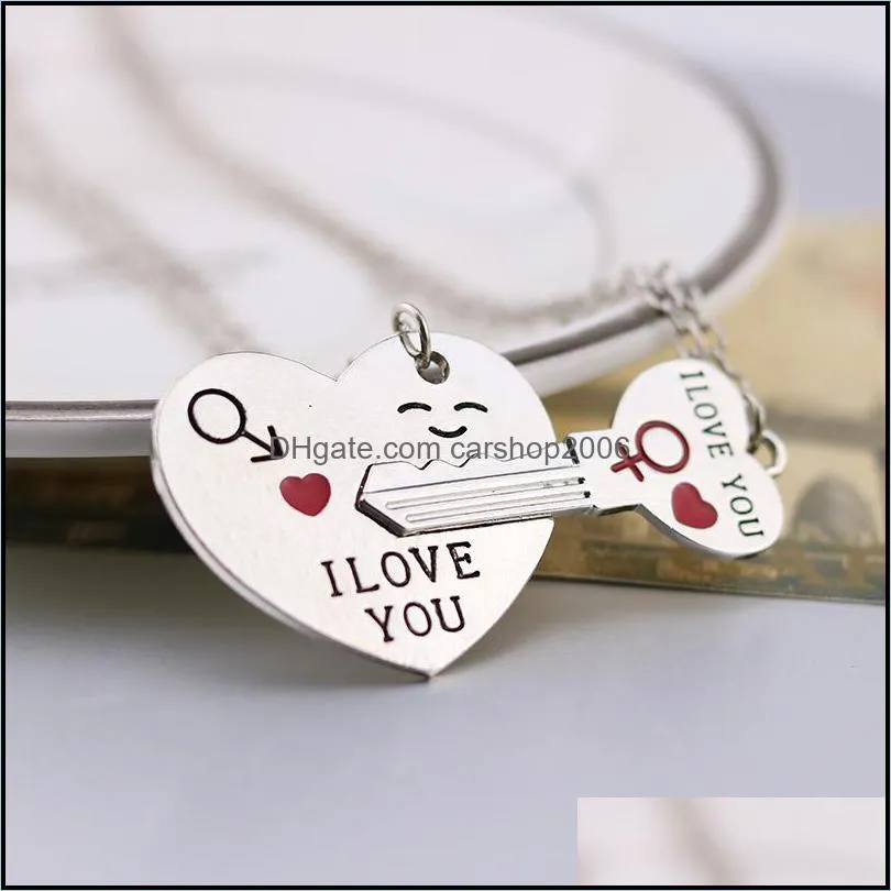  i love you heart pendant necklace keychain jewelry set for women couple romantic key shape couple lover gift wholesale