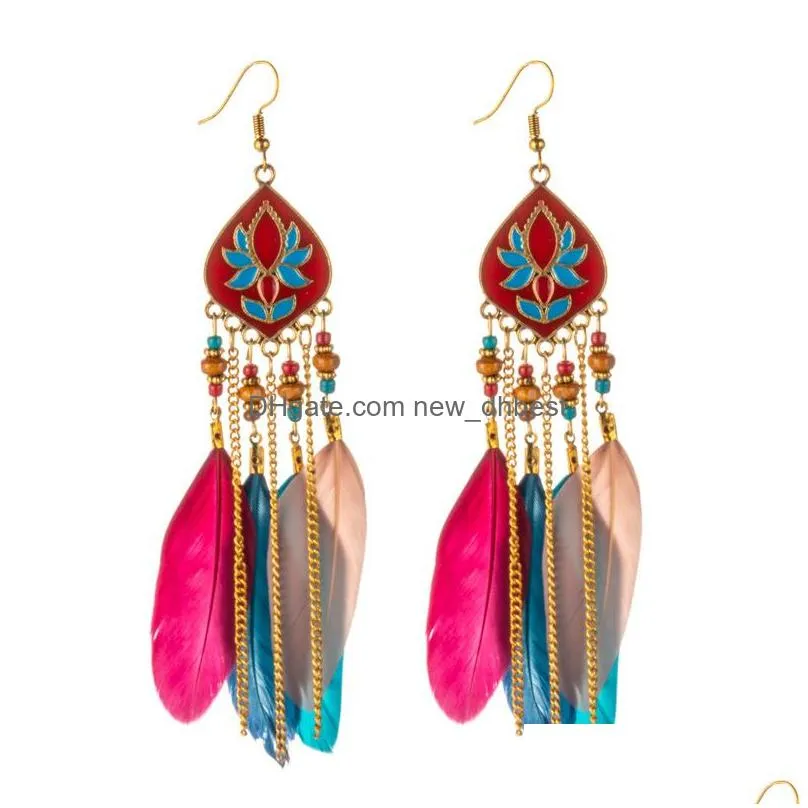 bohemian fashion jewelry vintage feather earrings flower tassels feather dangle earrings