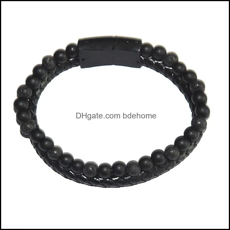 punk tiger eye lava bracelets men natural stone bead stainless steel pu leather bracelet magnetic clasp black bangles q272fz