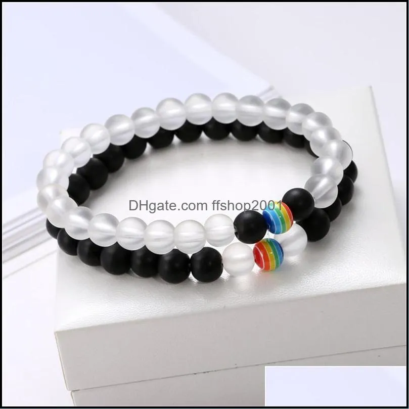 rainbow flag sign distance lgbt pride couple bracelet for women men gay lesbian black white beads chains charm bangle fashion jewelry