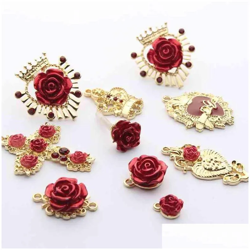 golden zinc alloy rose flower crown cross charms base connectors 6pcs/lot for diy jewelry earrings making accessories