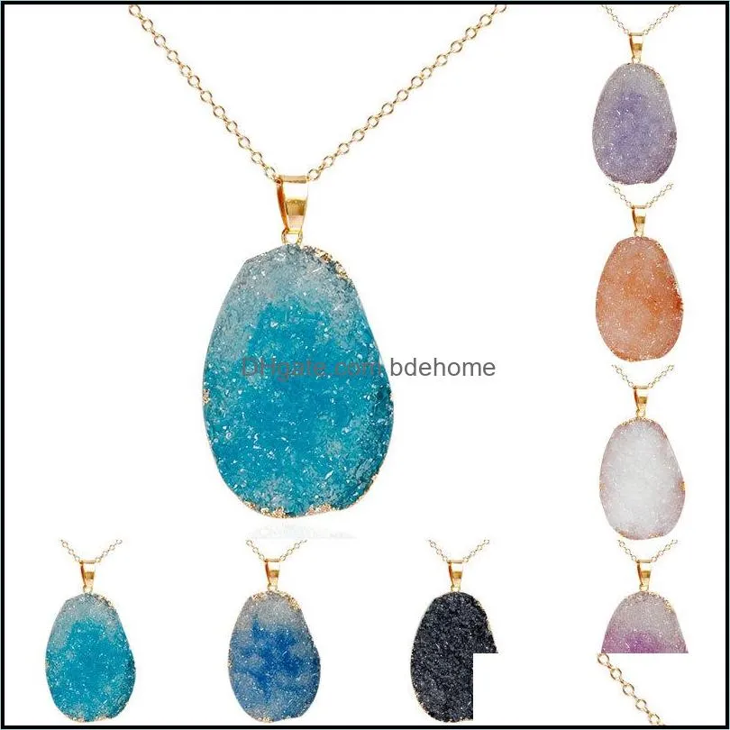 fashion shiny druzy necklaces irregular natural crystal quartz stone pendant gold chains for women luxury jewelry gift in bulk