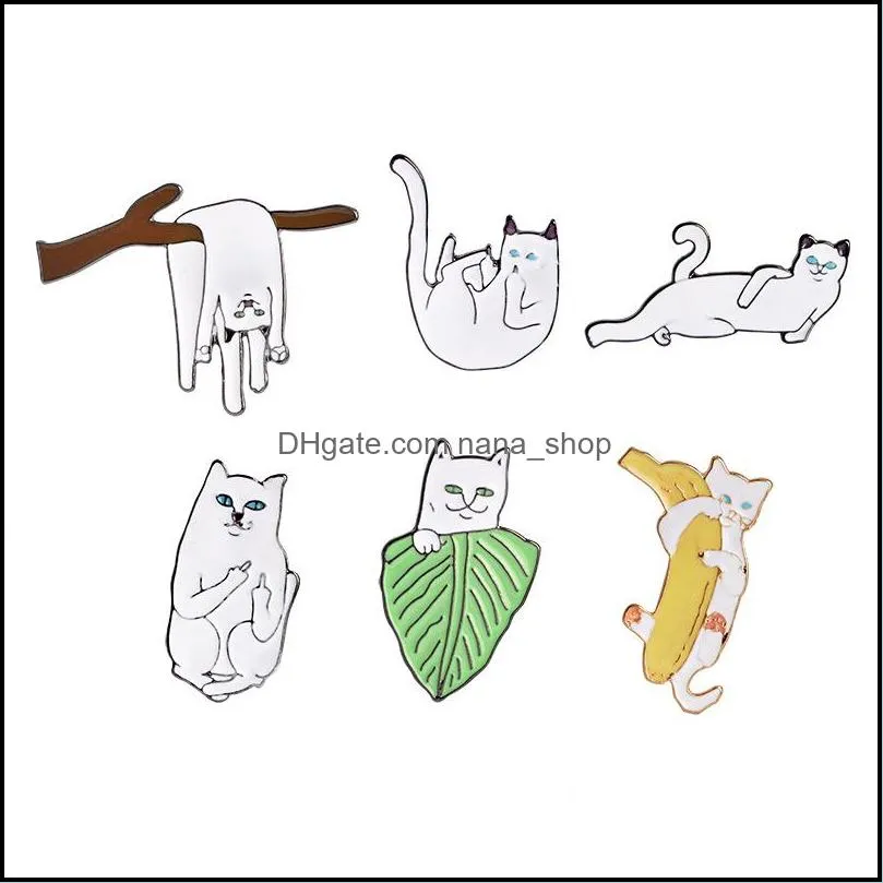 cartoon enamel funny lazy cats with banana design brooch pins animal button lapel corsage badge for women men child fashion jewelry