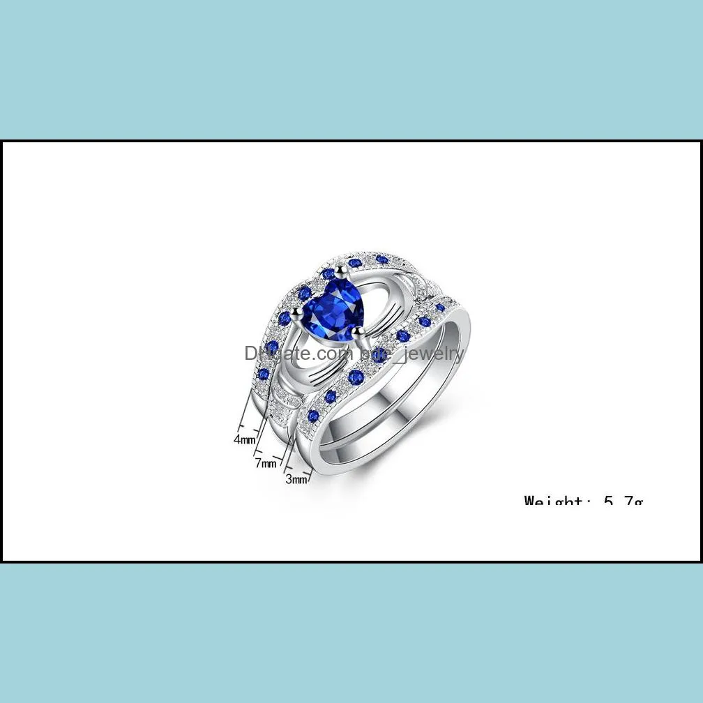 luxury three layers sapphire rings sets 925 sterling silver blue crystal rhinestone diamond heart wedding ring for women fashion