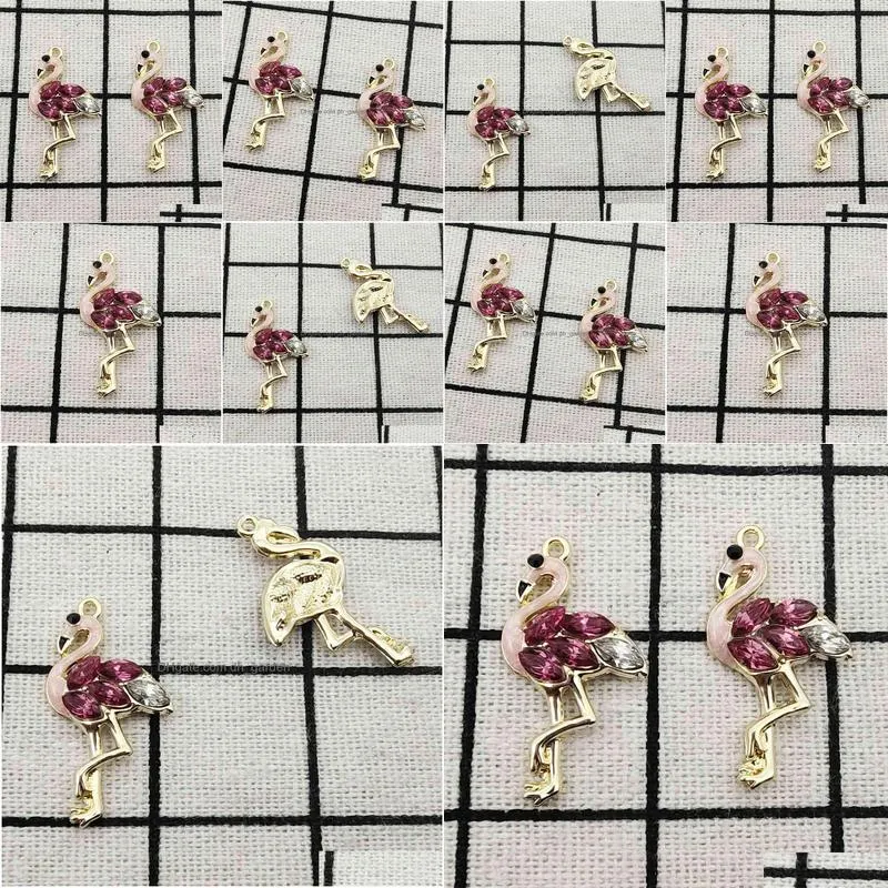 10pcs crystal flamingo charm jewelry accessories earring pendant bracelet necklace charms zinc alloy diy finding 15x30mm