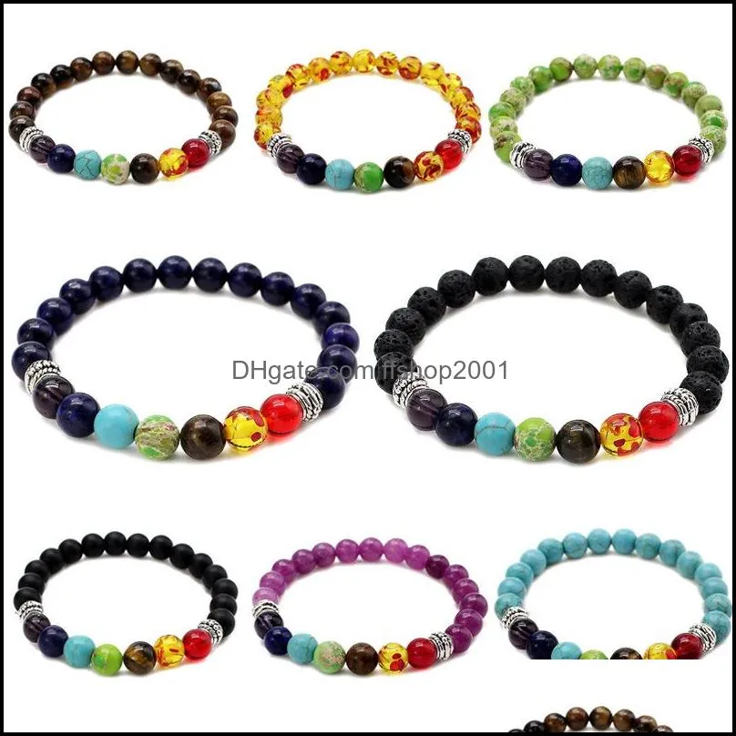 7 chakra charm yoga beads bracelets for women mens lava rock tiger eye amber turquoise amethyst lapis lazuli natural stone handmade