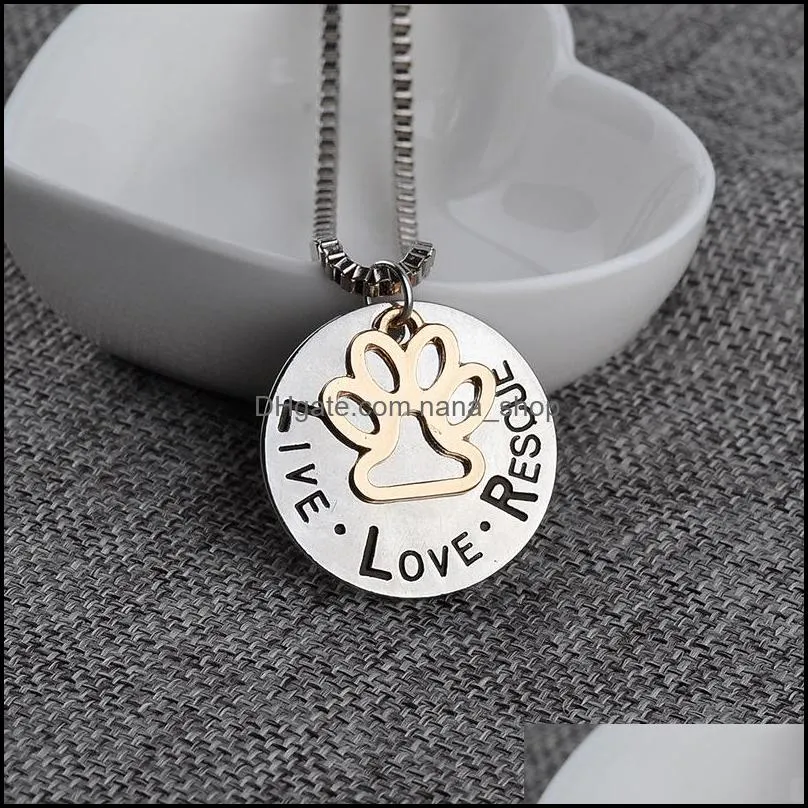  cute live love rescue lettering pendant necklace animal cat dog paw print personalized necklace for women men s fashion jewelry