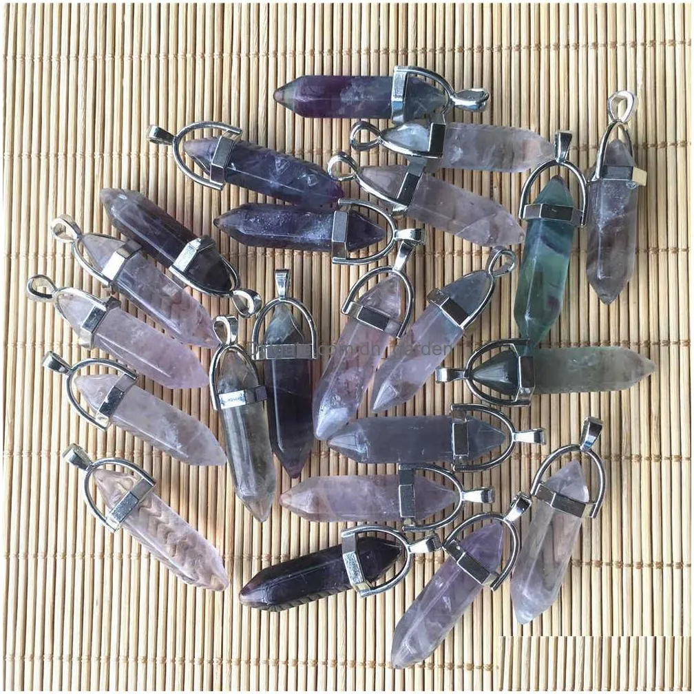 fashion natural fluorite stone pillar charms point chakra reiki pendants pendulum for jewelry making 24pcs/lot whole