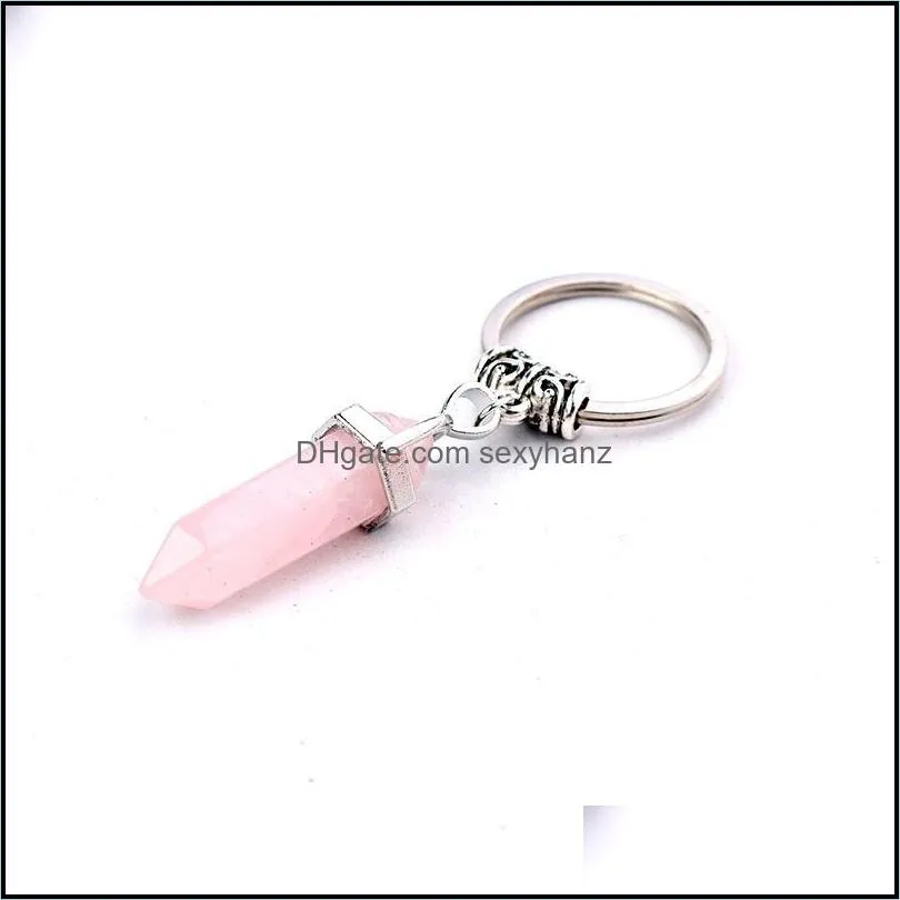 natural stone hexagonal prism key ring keychain rose quartz tigers eye opal crystal key chain keyring