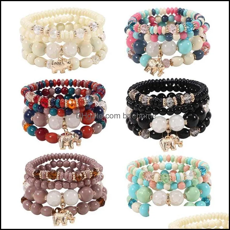 vintage elephant alloy pendant elastic multilayer beads strands bohemian bracelets women lava stone wristband bangles for party gift