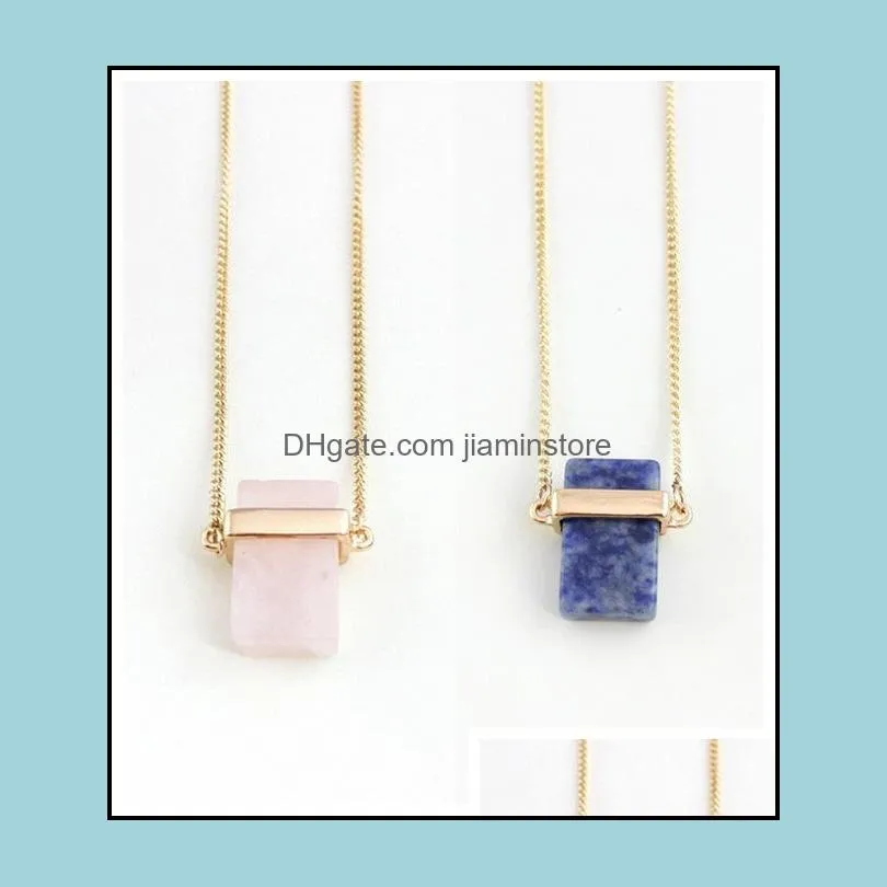 4 colors blue pink quartz turquoise necklace rectangle natural stone gold plated sweater long necklaces for women jewelry
