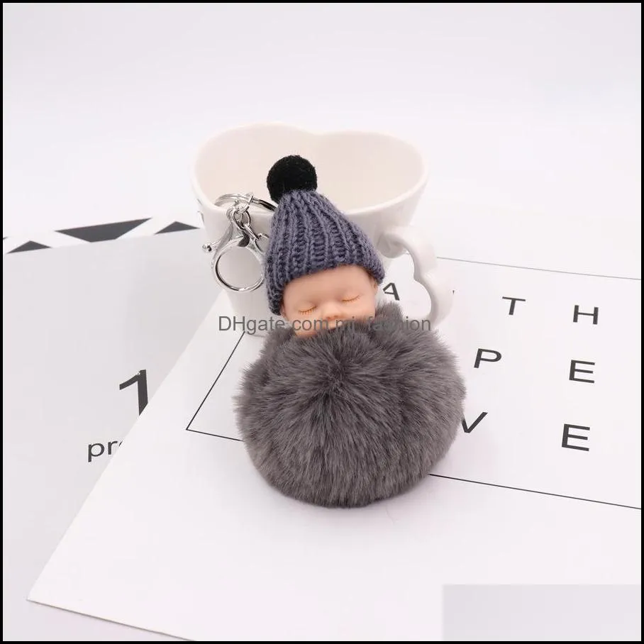 fluffy pompom key rings rabbit fur ball keychains high quality sleeping baby doll keyfobs holder for women pendant keyring