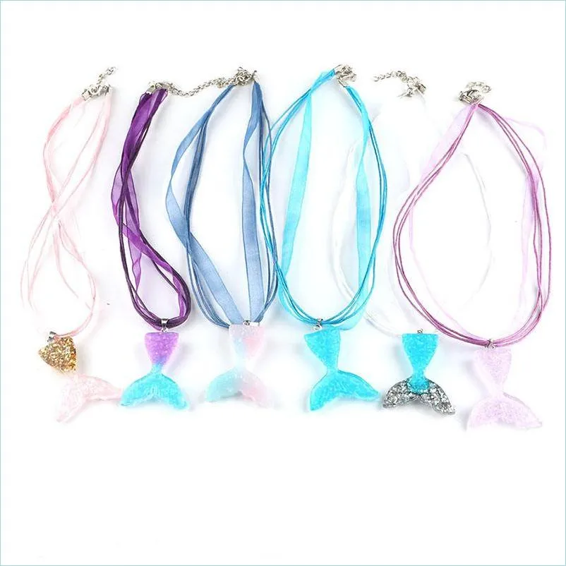 fashion ribbon wax rope necklaces for women creative gradient mermaid fish tail pendant charm clavicle chain party wedding jewelry