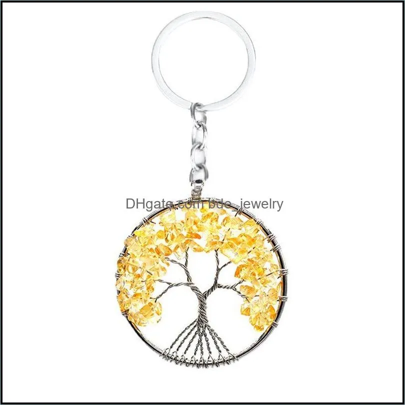 handmade natural crystal stone round tree of life pendant key rings holder for women girls car bags accessories