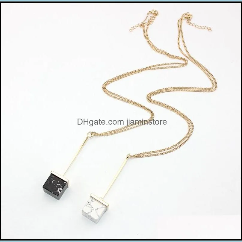 fashion natural stone square black white turquoise necklace gold metal long chain sweater statement necklace