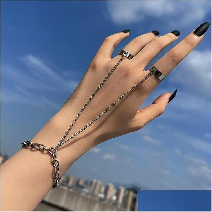 cluster rings fashion link chain bracelet with finger ring for women punk trendy jewelry gifts