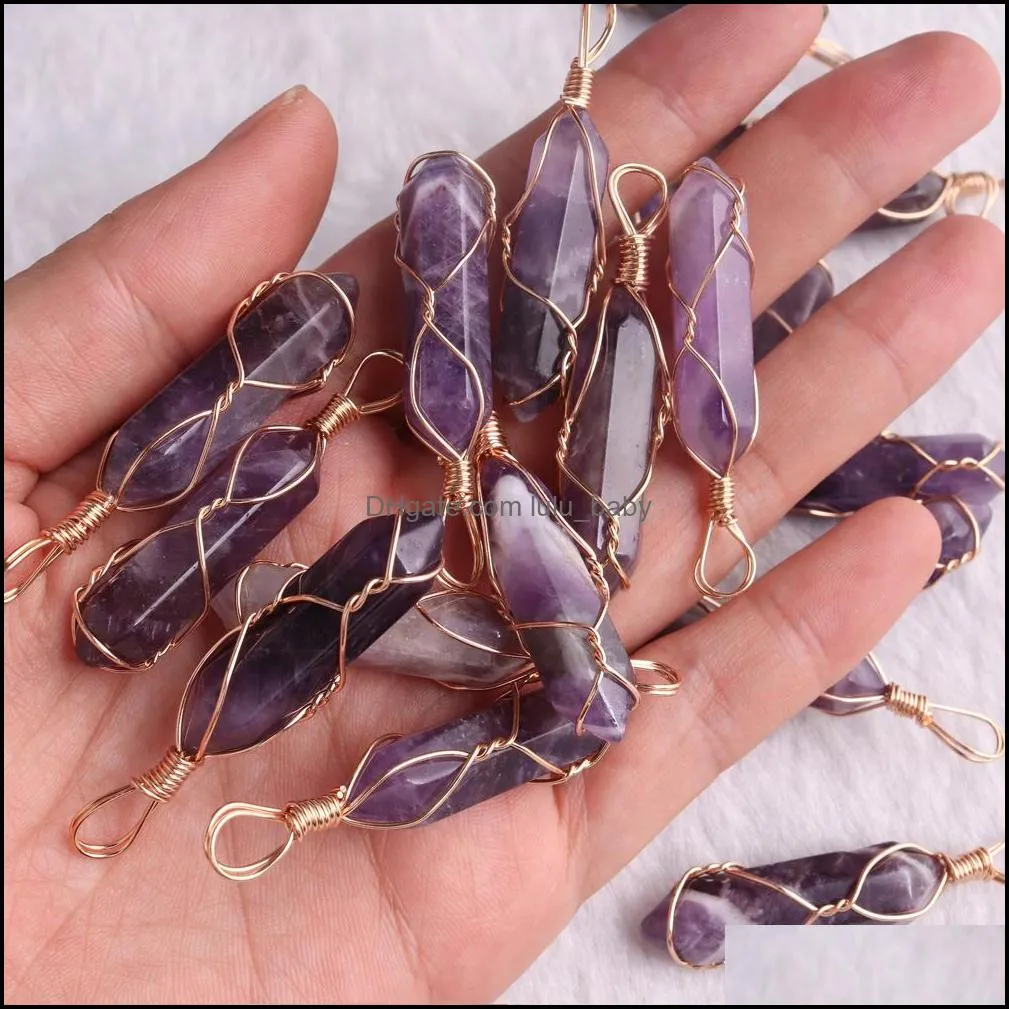 natural stone pink quartz charms pillar shape point handmade iron wire amethyst pendants for jewelry necklace earrings making