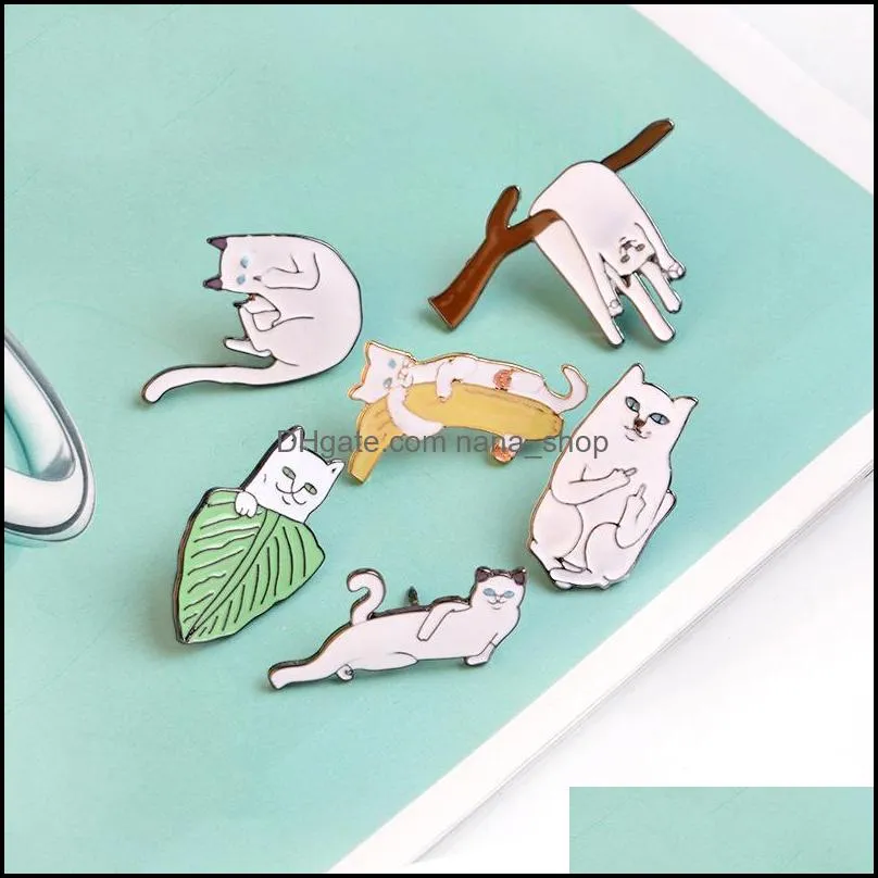 cartoon enamel funny lazy cats with banana design brooch pins animal button lapel corsage badge for women men child fashion jewelry