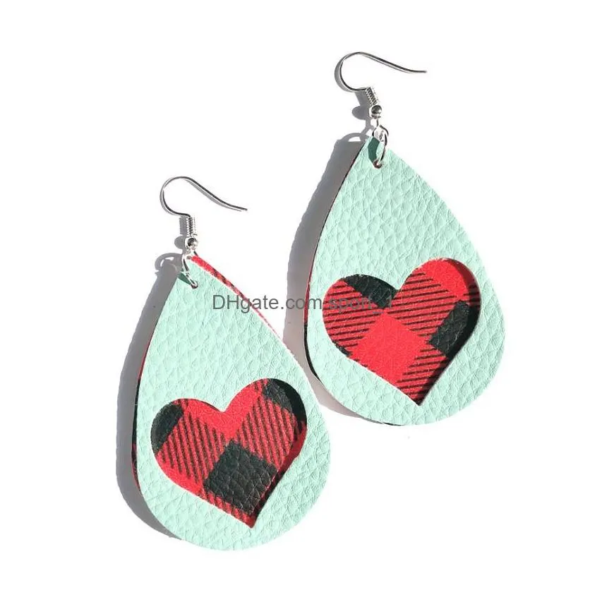 fashion jewelry double layer pu leather earrings heart hollow out faux leather dangle earrings
